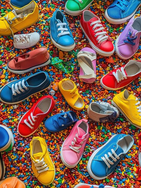 Photo kids shoes scattered across a vibrant playroom floor