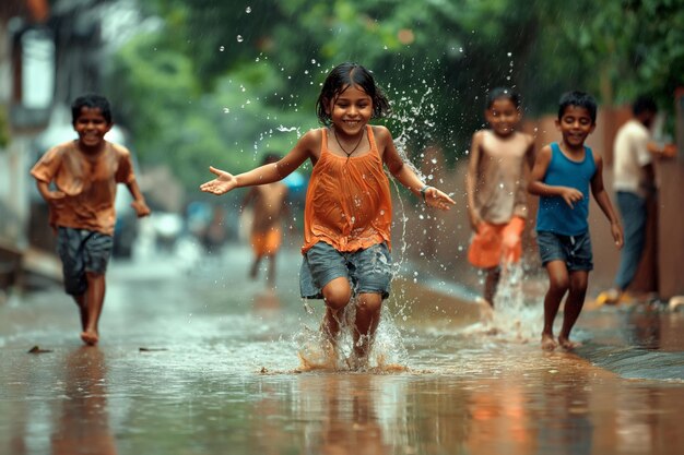 Kids in shorts smiling and having fun playing in the rain