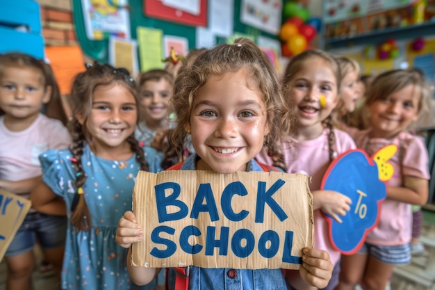 Photo kids show excitement for school year with back to school sign