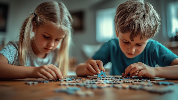 Kids solving puzzles with concentration