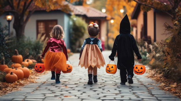 The kids in street are ready to trick or treat for Halloween