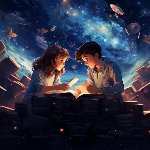 kids studying over the stars and blue space