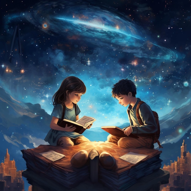 kids studying over the stars and blue space