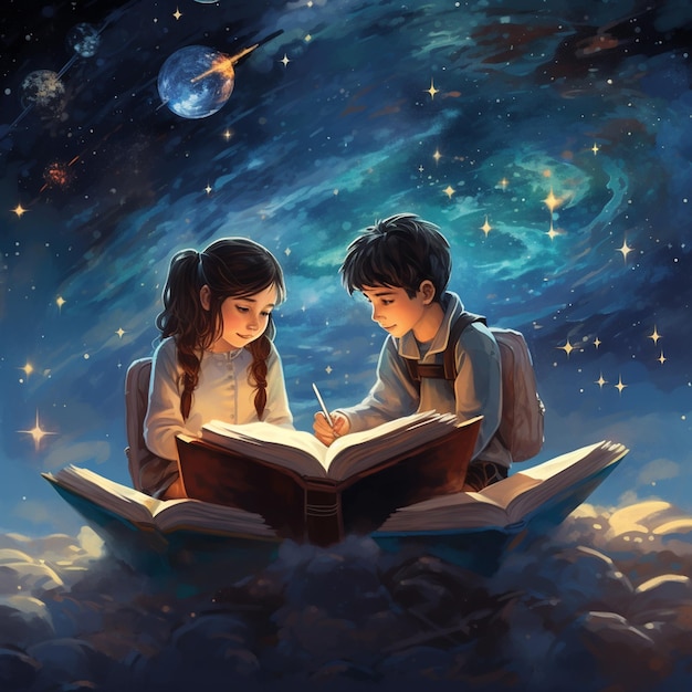 kids studying over the stars and blue space