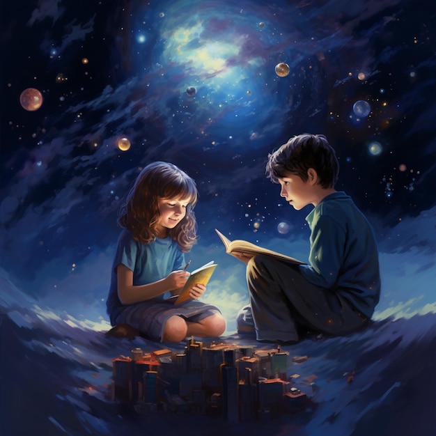 kids studying over the stars and blue space