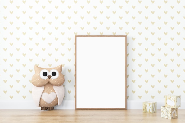 Kids style mock up frame wood with cute owl boho styl