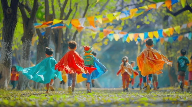 Kids in superhero capes sprinting through a park enjoying a festive day outdoors