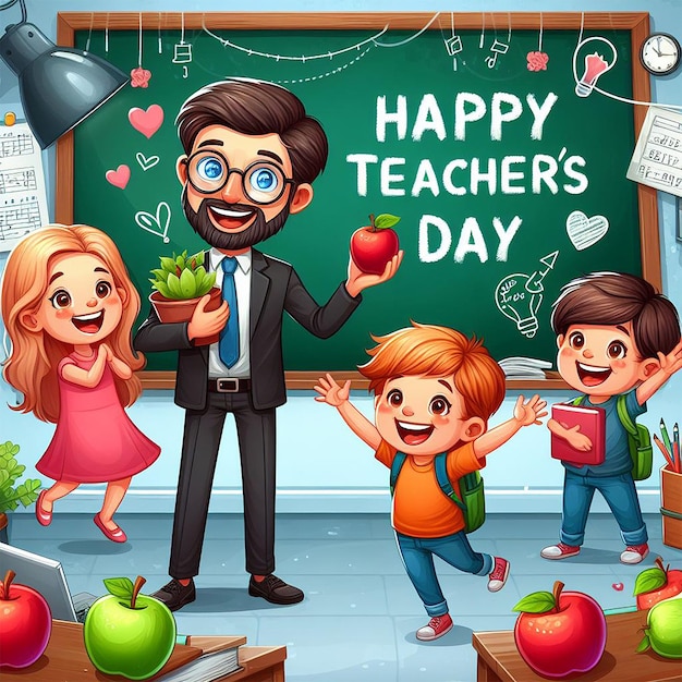 Kids and teacher celebrating teachers day with text happy teacher day