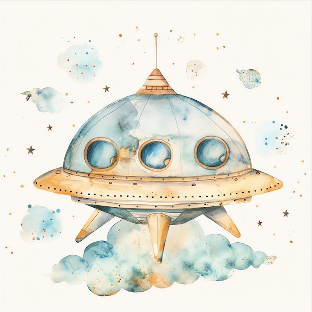 kids ufo spaceship flying in galaxy for baby nursery watercolor illustration