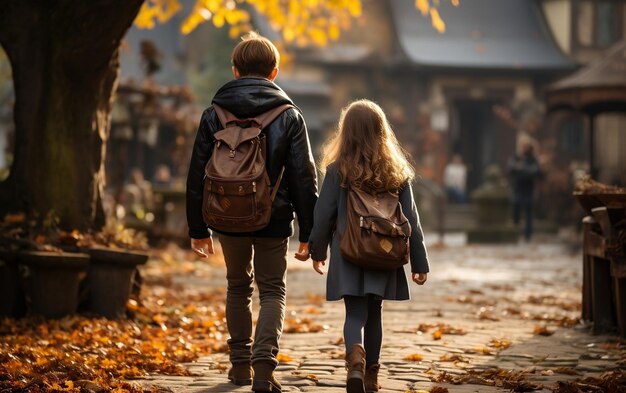 Kids walking down a street holding hands Back to school AI