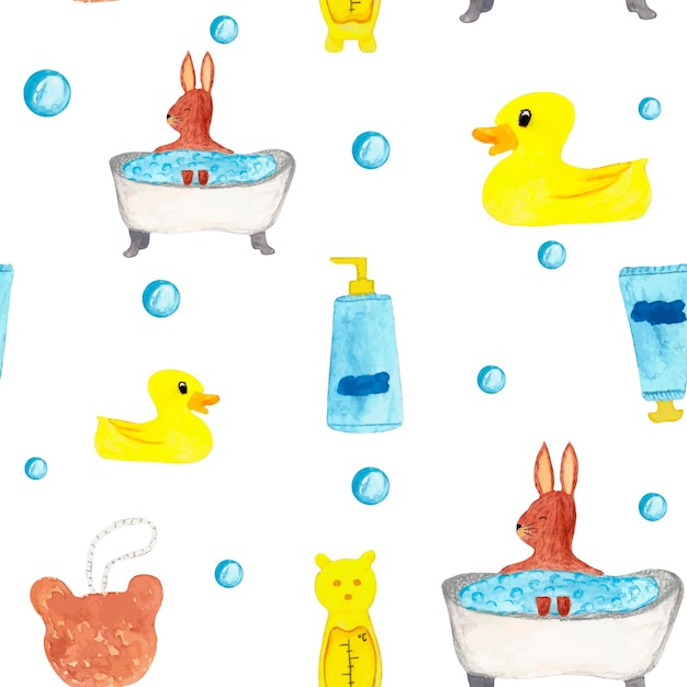 Kids watercolor seamless pattern of hare in the bath and bathroom accessories