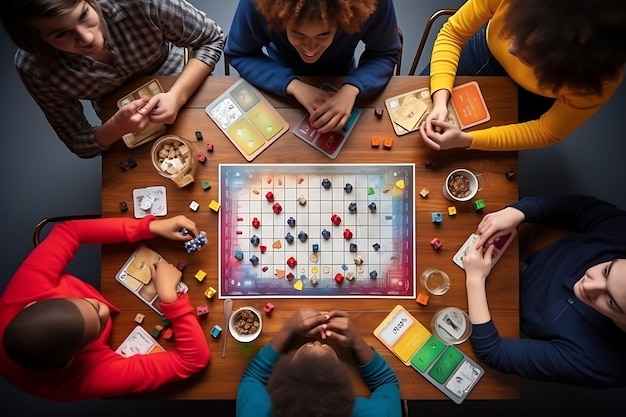 Kids who are friends from different ethinics playing a white board game with cards and a board