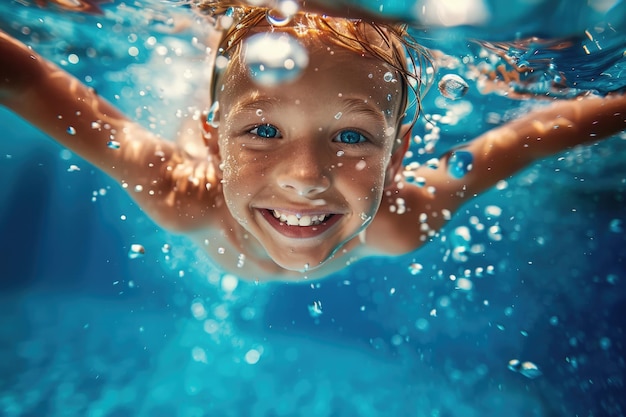 Kids With Water Funny Portrait of Child Diving and Swimming in Blue Pool with Family