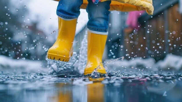 A kids yellow rain boots in action