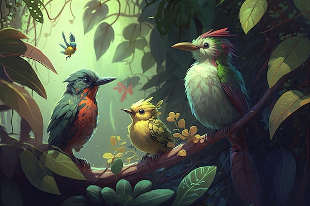 For kids39 wallpaper a pastel style art painting of tropical birds among foliage and lianas