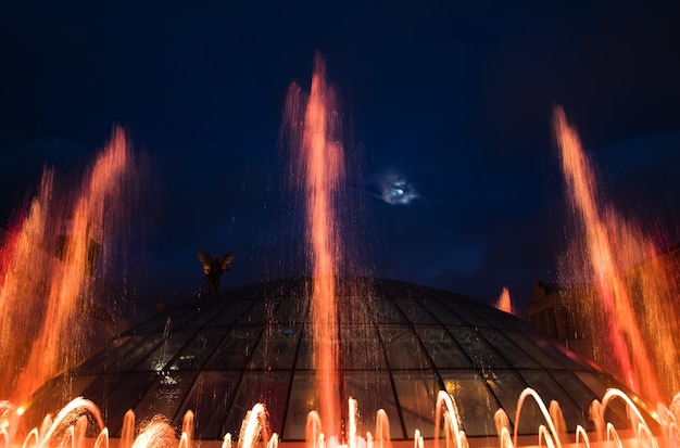 KIEV, UKRAINE - May 08, 2017: Kiev musical fountains. Light and Music Fountains on Maidan Nezalezhnosti (Independence square) in Kiev city at night