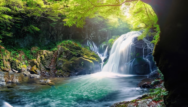 Kikuchi Valley waterfall and Ray in Forest