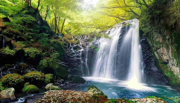 Kikuchi Valley waterfall and Ray in Forest