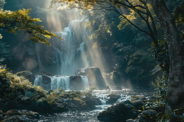 Kikuchi Valley Waterfall with Rays of Light