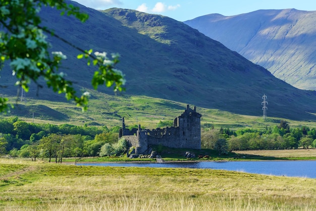 Kilchurn Castle , in the care of Historic Environment Scotland , is a ruined structure on a rocky peninsula at Loch Awe in twilight , Argyll and Bute, Scotland