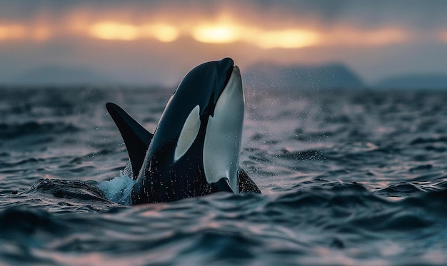 Photo a killer whale is swimming in the ocean with a sunset behind it