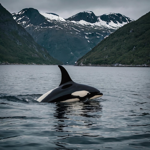 a killer whale is swimming in the water and a mountain in the background