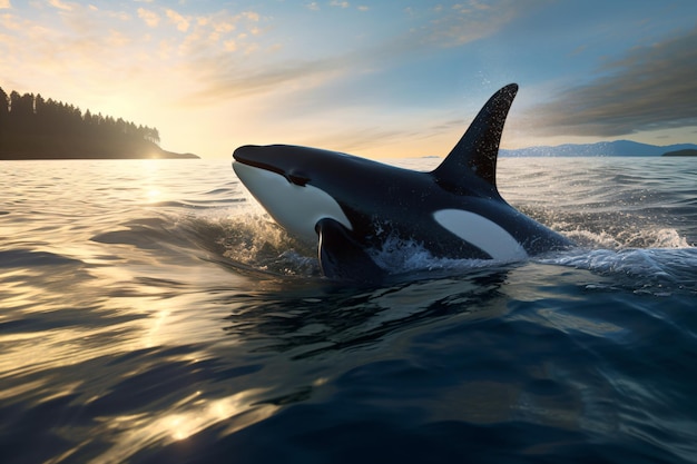 A killer whale swimming in the ocean at sunset