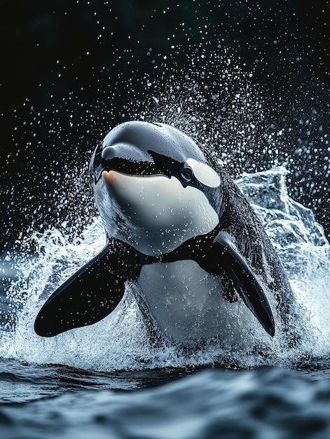 Photo a killer whale with a smile on its face and the word killer on the bottom