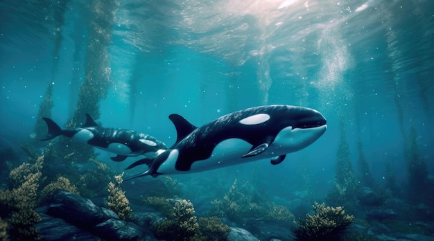 Killer whales orcas swim under blue water