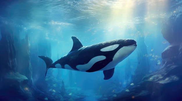 Killer whales orcas swim under blue water