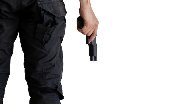 Killer with pistol handgun weapon black gun isolated on white background Hand holding pistol handgun weapon black gun isolated on white background