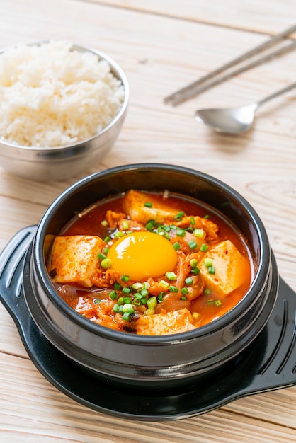 ‘Kimchi Jjigae’ or Kimchi Soup with Tofu and Egg