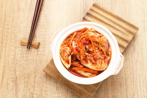 Kimchi or Kimci, a traditional Korean food, pickled fermented vegetables with a spicy seasoning