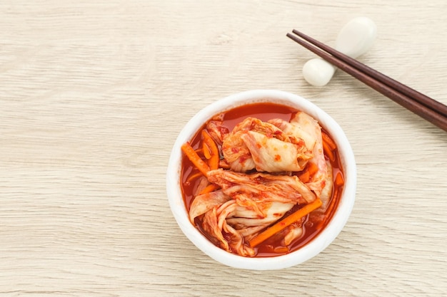 Kimchi or Kimci, a traditional Korean food, pickled fermented vegetables with a spicy seasoning