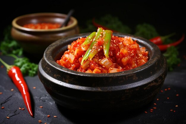 Photo kimchi in a stone bowl with lid delicious kimchi food photography