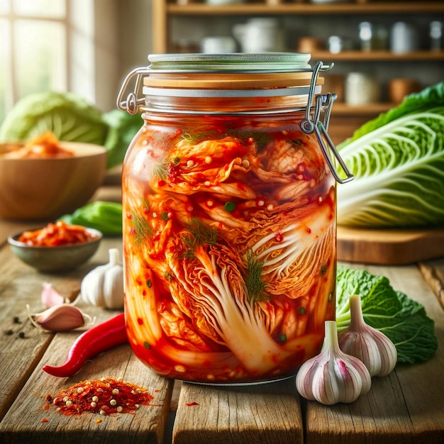 Kimchi in a transparent glass jar Cabbage red pepper flakes and garlic on a wooden table