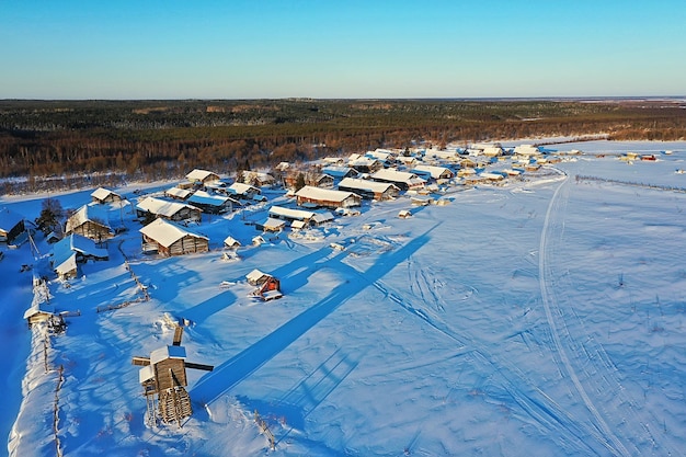 kimzha village top view, winter landscape russian north arkhangelsk district