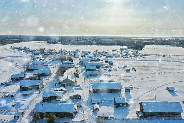 kimzha village top view, winter landscape russian north arkhangelsk district