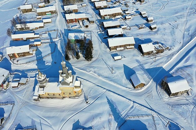 kimzha village top view, winter landscape russian north arkhangelsk district