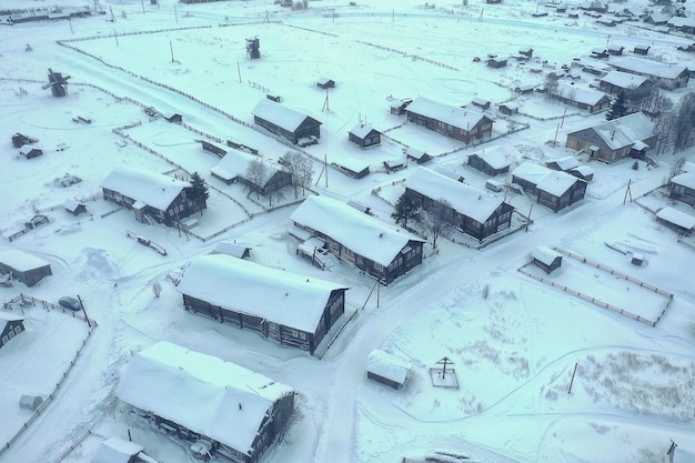 Photo kimzha village top view, winter landscape russian north arkhangelsk district