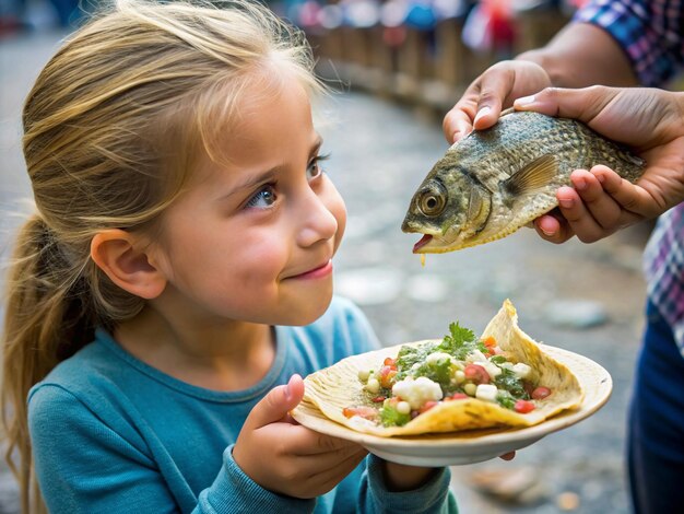 Photo a kind hearted girl feeding a beggar fish tacos