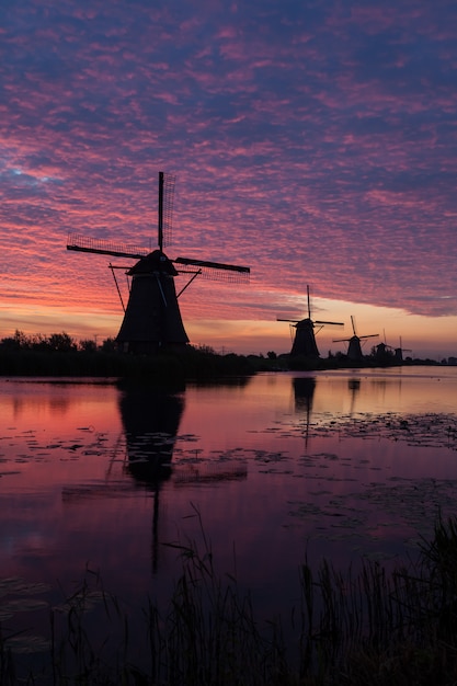 Kinderdijk in holland by sunrise