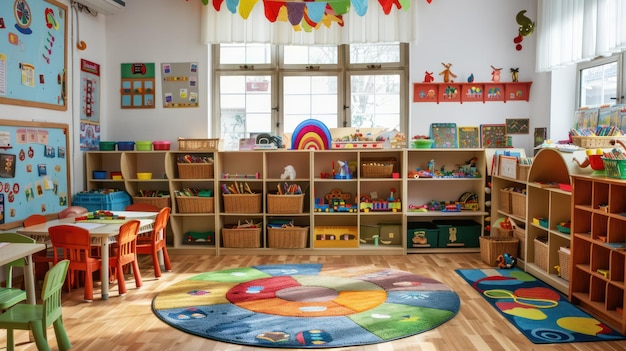 Photo kindergarten classroom setup with reading nook and toy shelves