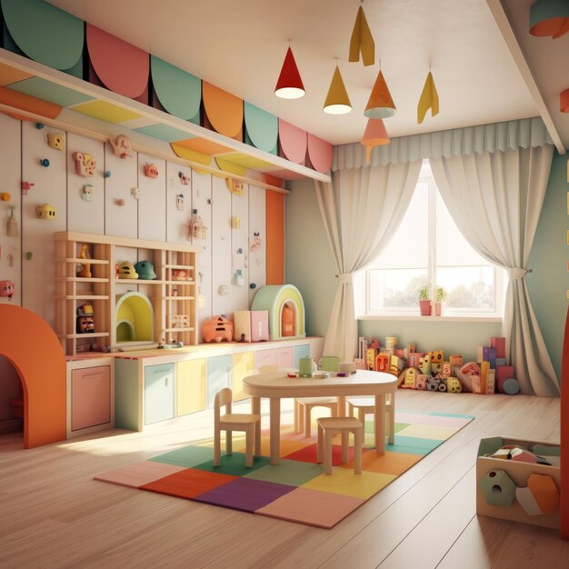 Kindergarten game room colorful toy children play game Generative ai