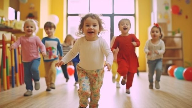 In a kindergarten indoor preschool a bunch of amused children are having fun Generative AI