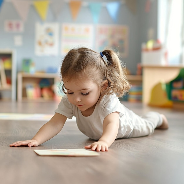 Photo kindergarten kid playing on the floor in the classroom