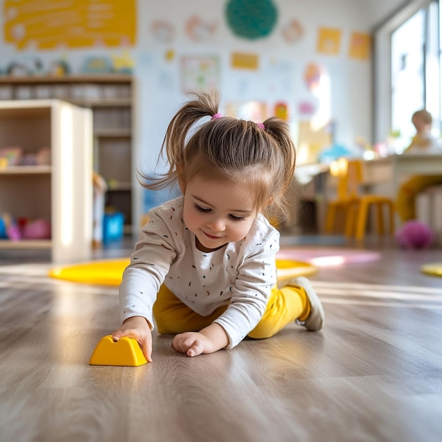 Photo kindergarten kid playing on the floor in the classroom