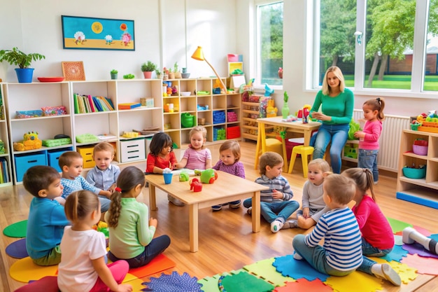 Photo kindergarten room scene filled with many little kids playing and learning