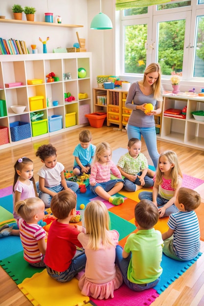 Photo kindergarten room scene filled with many little kids playing and learning