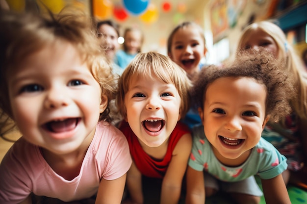 The kindergarten students jostled together and smiled for the camera